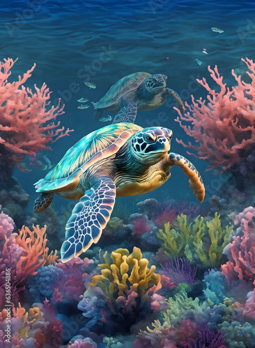3D vibrant colors illustration of sea turtles in gorgeous sea plants in deep sea, AI generated