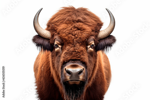 Bison isolated on a white background close-up portrait. Studio animal photography.