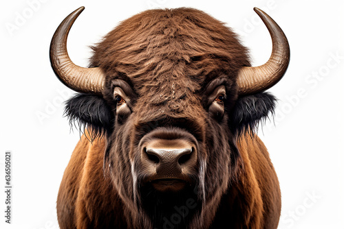 Bison isolated on a white background close-up portrait. Studio animal photography.