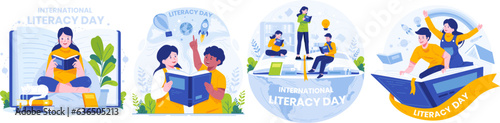 Illustration Set of International Literacy Day. People are Reading Books to Celebrate Literacy Day On the 8th of September