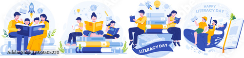 Illustration Set of International Literacy Day. People are Reading Books to Celebrate Literacy Day On the 8th of September