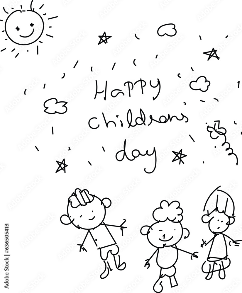 Happy Children's Day. Children Art style drawing with pencils sketch. Vector inscription and funny kids