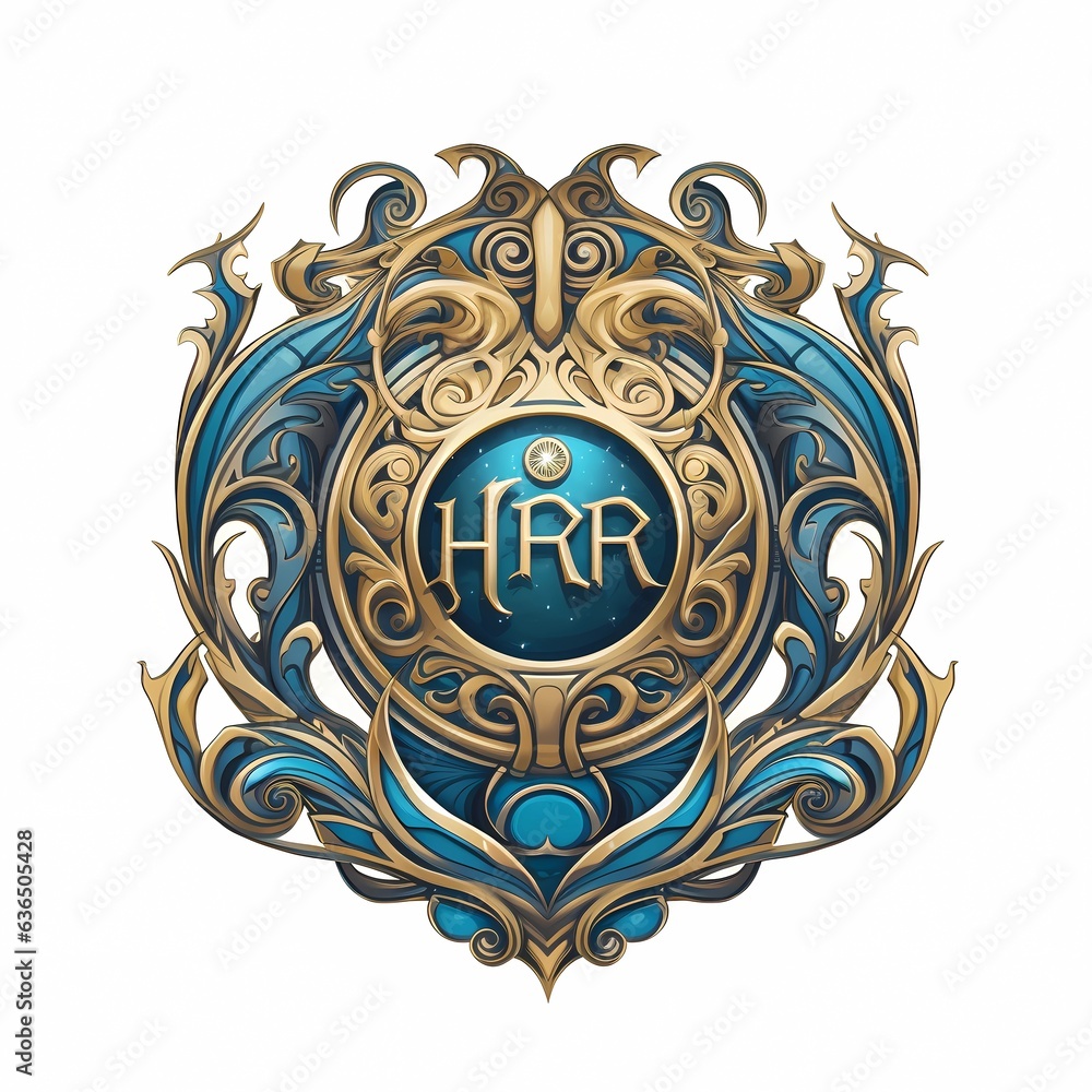 Naklejka premium hero of the realm logo, style of bronze and azure.Character Design Concept Art Book Illustration Video Game Digital Painting. CG Artwork Background. Generative AI. 