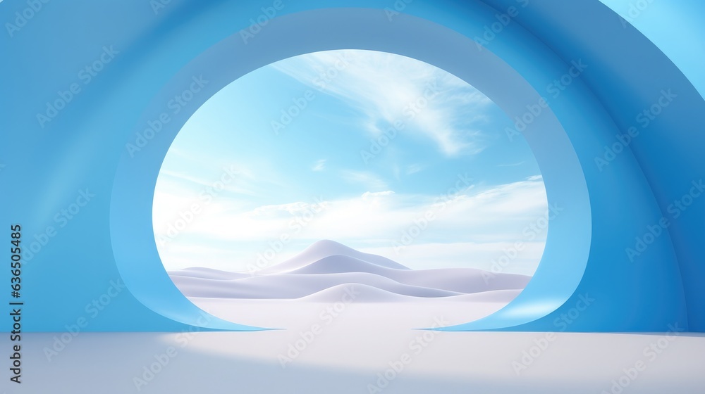 In the heart of the desert, a radiant blue arch stands, its vibrant hue juxtaposed against the muted sands. Crafted in the style of colorful surrealism, this arch transforms the landscape,  - obrazy, fototapety, plakaty 