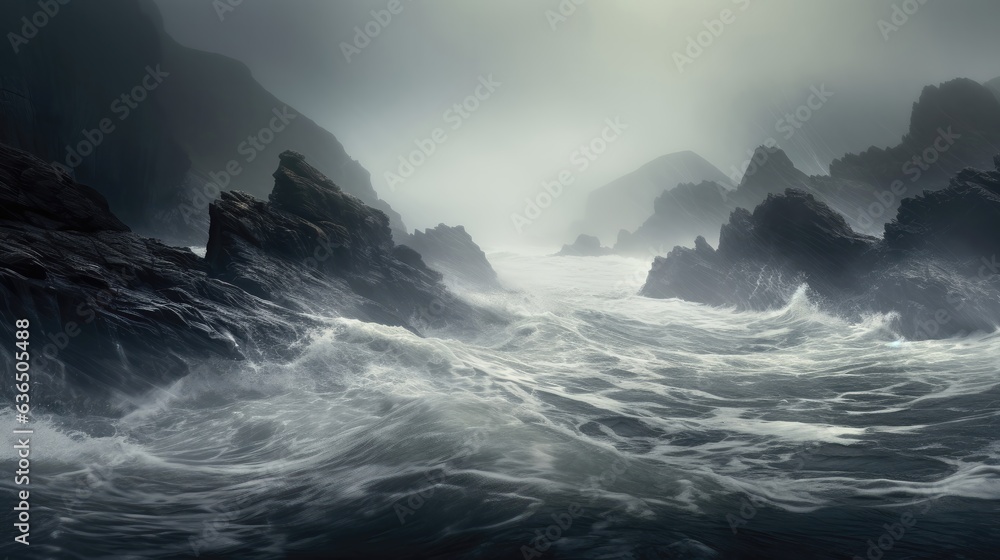 Fototapeta premium Dark clouds, swirling mist, stormy sea.