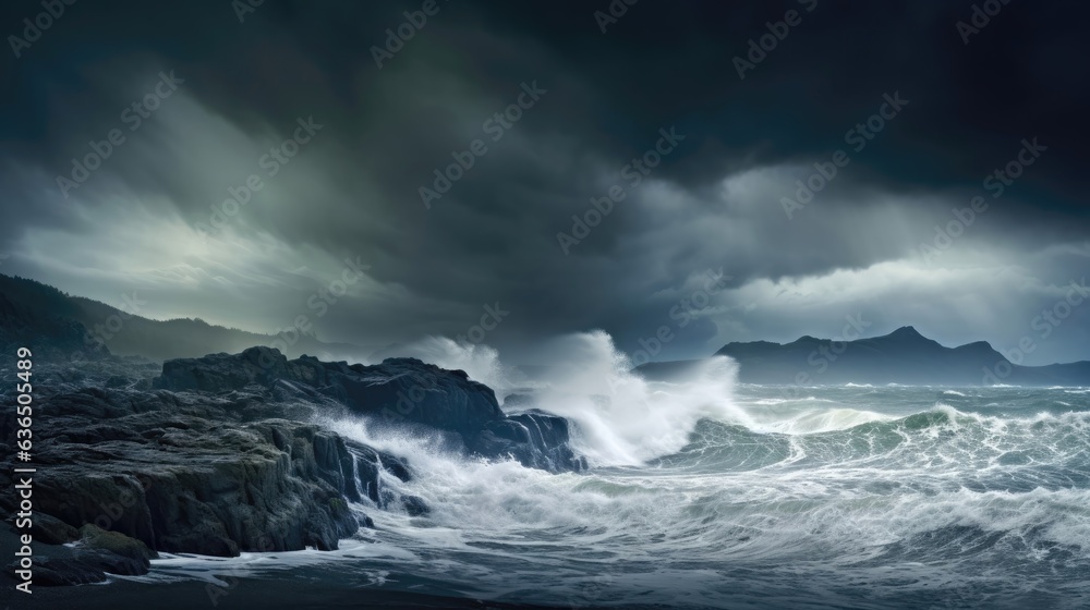 Obraz premium Dark clouds, swirling mist, stormy sea.
