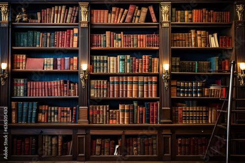 Classical library room with old books on shelves. Bookshelves in the library. Large bookcase with lots of books.  photo