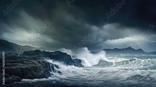 Dark clouds, swirling mist, stormy sea. © Kanisorn