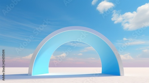 Situated in the vast desert, a bold blue arch rises, becoming an oasis of color in a sea of monochromatic sands. Painted in the style of colorful surrealism