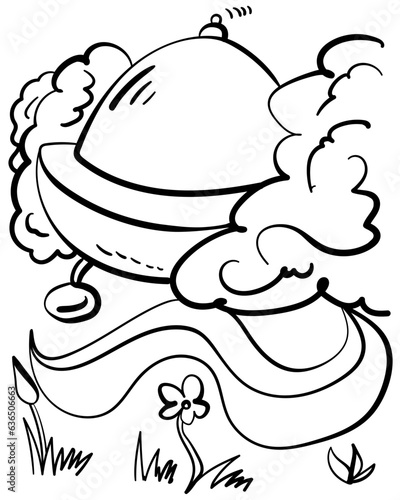 UFO in the bushes  alien themed coloring page for creative activity