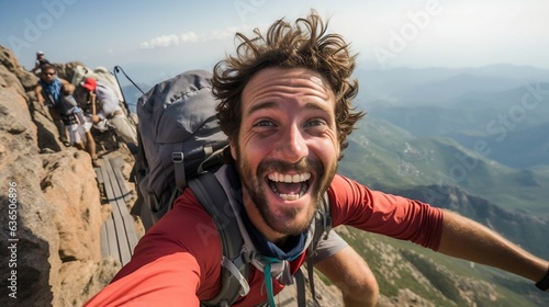 Grinning selfie atop iconic mountain peak triumph
