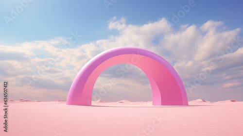 Amidst the grainy stretches of sand, a pink arch stands prominently with clouds gathering above it. The ethereal formation of the clouds complements the stark vibrancy of the arch.