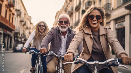Three senior people having fun cycling down the street. Male and female friends on road with their bikes. Travel concept. Generative Ai