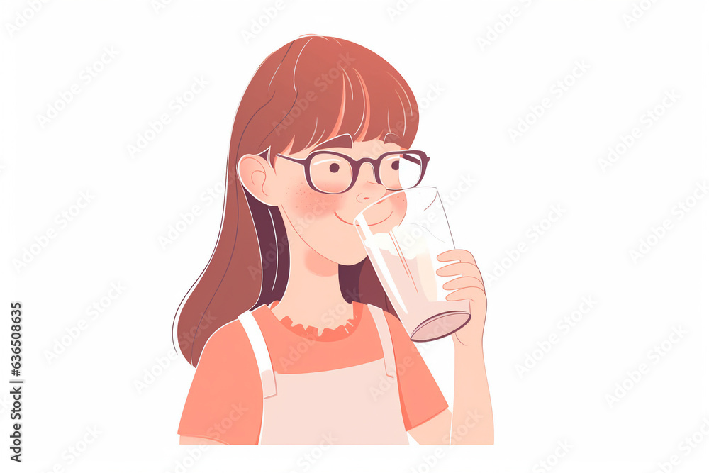 Generative AI. A set young happy woman with a glass of milk in her hand. Childs nutrition. Drink Milk.children consuming drinks, concept of healthy diet and hydration. Generative AI. A set young happy woman with a glass of milk in her hand. Childs nutrition. Drink Milk.children consuming drinks, concept of healthy diet and hydration.