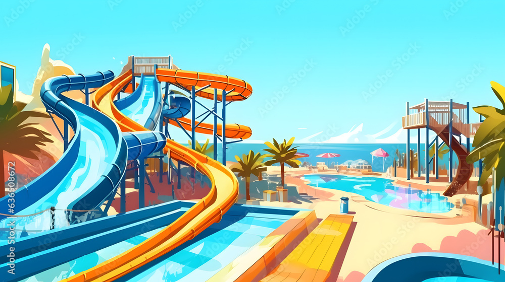 輝く水上スライダーと海の景色のアクアパークで楽しむ夏の娯楽 No.006 Enjoying Summer Entertainment at an Aquapark with Bright Waterslides and Sea View Generative AI 輝く水上スライダーと海の景色のアクアパークで楽しむ夏の娯楽 No.006 Enjoying Summer Entertainment at an Aquapark with Bright Waterslides and Sea View Generative AI