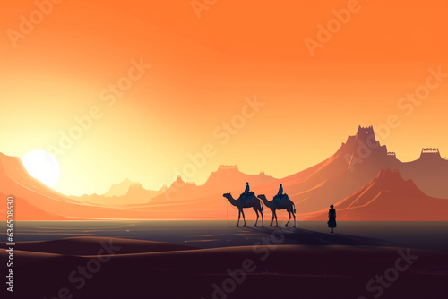 a photograph of a desert landscape and a herd of camels photo