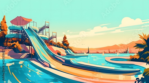 Leinwand Poster 輝く水上スライダーと海の景色のアクアパークで楽しむ夏の娯楽 No
