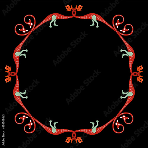 Round animal frame with red medieval dragons on black background. Illuminated manuscript style.	