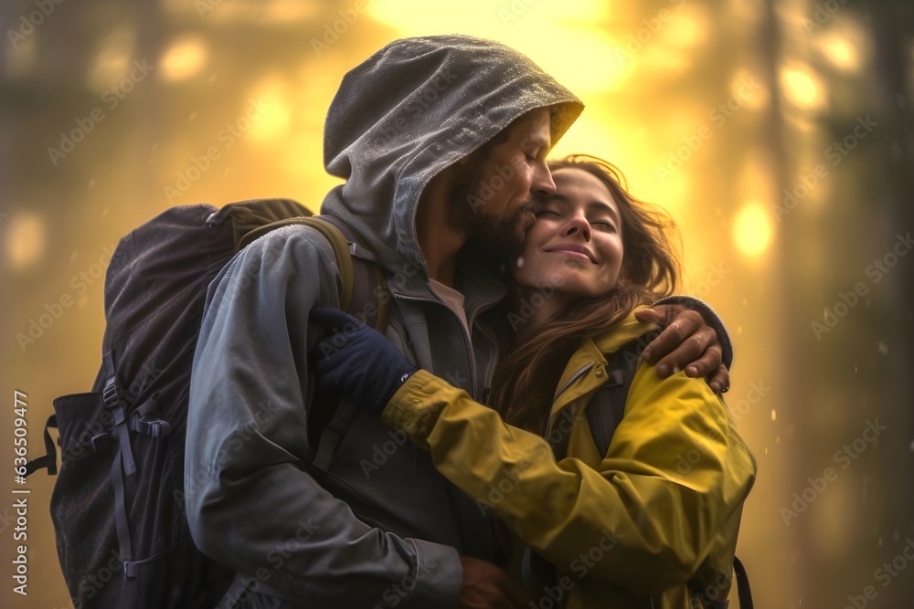 A couple is hugging after a long day of hiking A couple is hugging after a long day of hiking