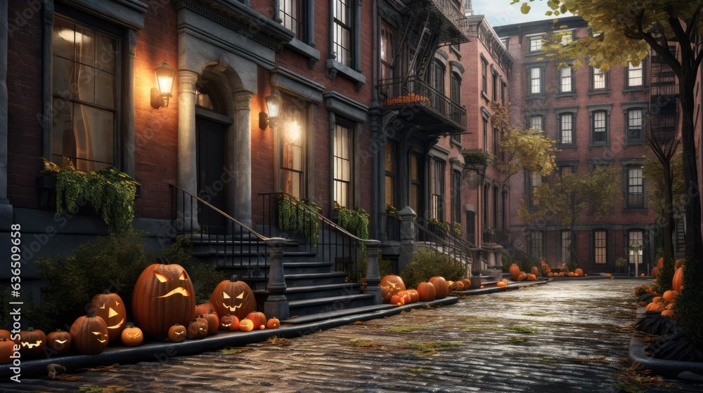 street with pumpkins near houses at night, halloween mood style, nightmarish illustrations. Happy Halloween and scary night background