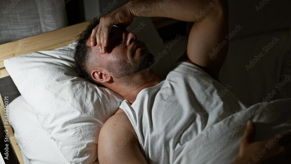 Young arab man stressed lying on bed at bedroom Young arab man stressed lying on bed at bedroom