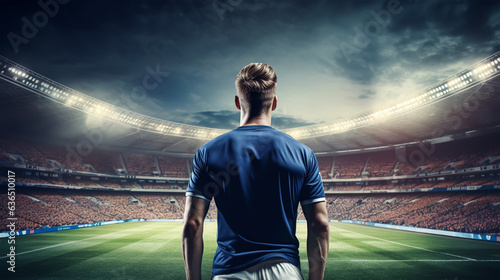 Rear view of football player in blue tshirt at stadium photo