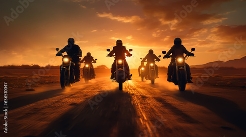 Motorcyclists riding on the road in the desert during sunset.