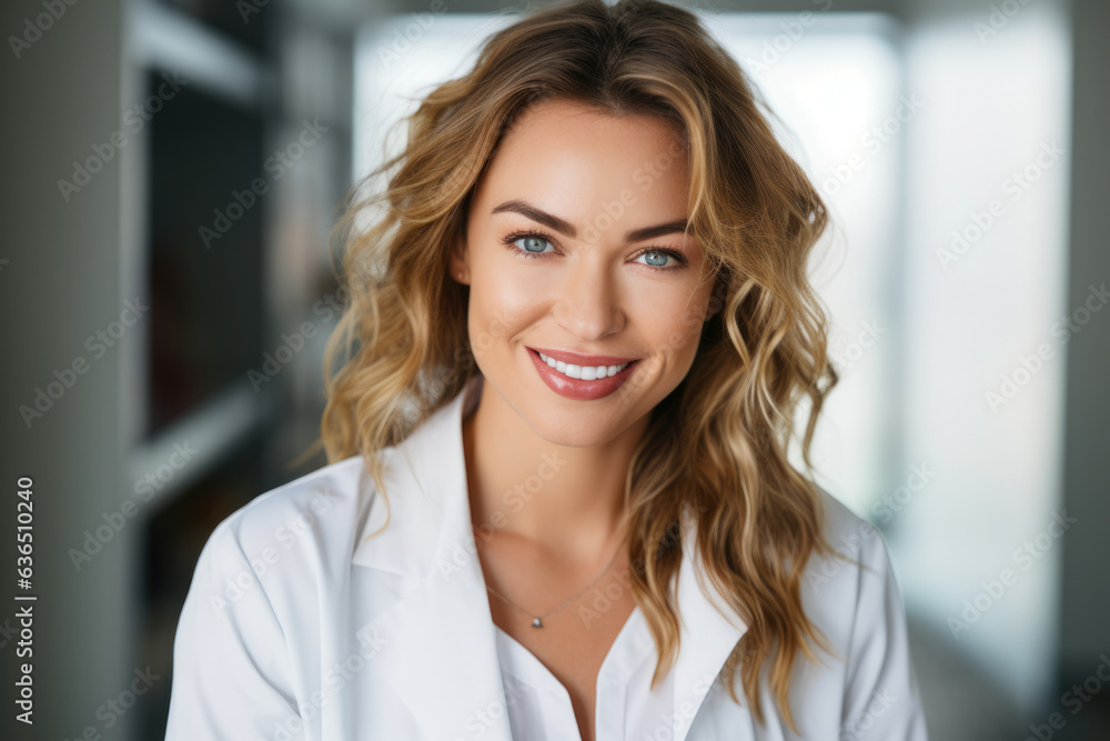 Radiant Healthcare Practitioner: A Confident Female Pharmacist in a White Lab Coat, Smiling with Mesmerizing Blue Eyes, Expertise in Patient Care and Medication Dispensing