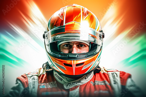 Closeup of a young male car racer in a red helmet driving a race car. © Mr. Muzammil