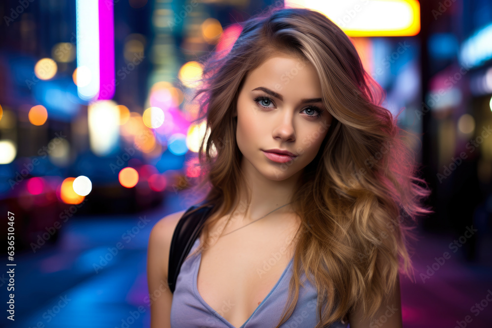 Radiant and Enigmatic: A Chic and Glamorous Young Woman Embracing the Vibrant Energy of a Neon-Lit City at Night Radiant and Enigmatic: A Chic and Glamorous Young Woman Embracing the Vibrant Energy of a Neon-Lit City at Night