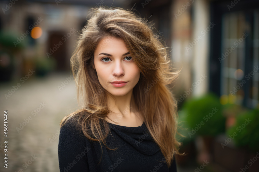 Captivating Portrait of a Timid Woman Embracing Her Shyness on a Charming Quaint Village Street Captivating Portrait of a Timid Woman Embracing Her Shyness on a Charming Quaint Village Street