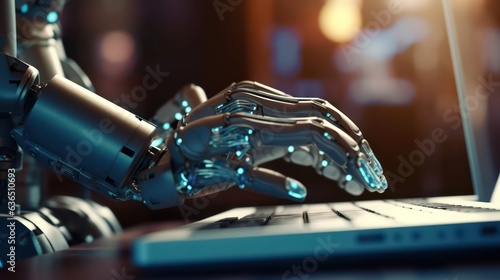 Robot hand trying to hack into the laptop 
