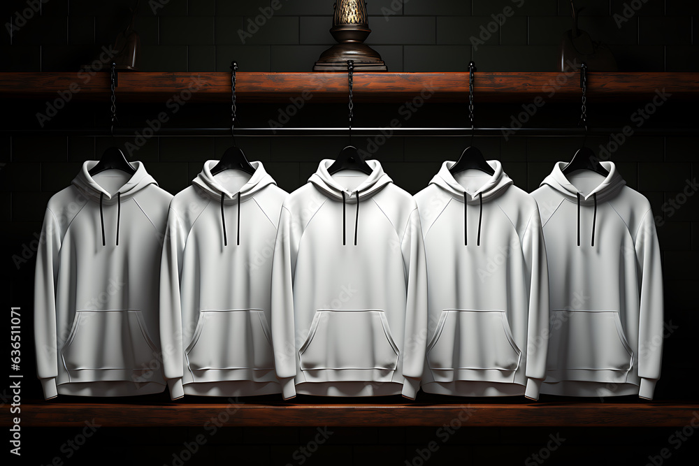 Mockup of a hoodie hanging on a hanger in a store - obrazy, fototapety, plakaty 
