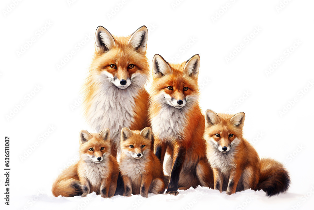Image of group of foxs on a white background. Wildlife Animals. Illustration, Generative AI.