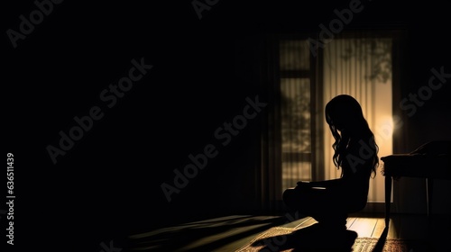 silhouette of a depression woman fictional in the dark room  photo