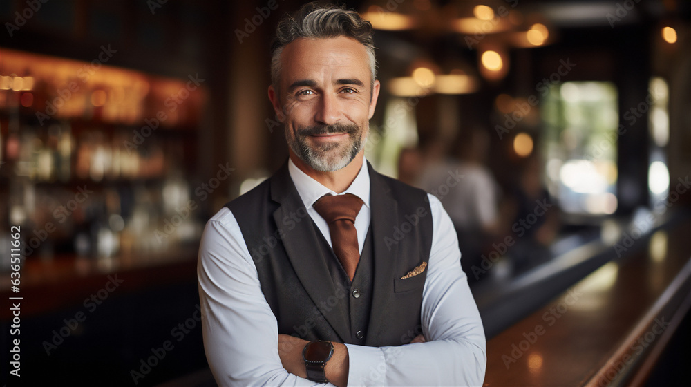 Fototapeta premium Portrait of a Successful Bar Owner - Generative Ai