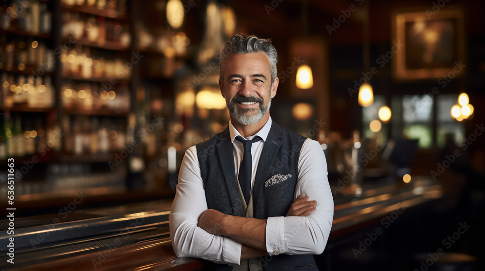 Fototapeta premium Portrait of a Successful Bar Owner - Generative Ai
