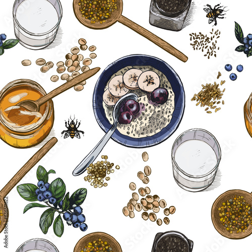 Oat Meal Breakfast With Honey And Blueberry Chia Seed Oatmeal Banana Cartoon Style Breakfast Vector Art