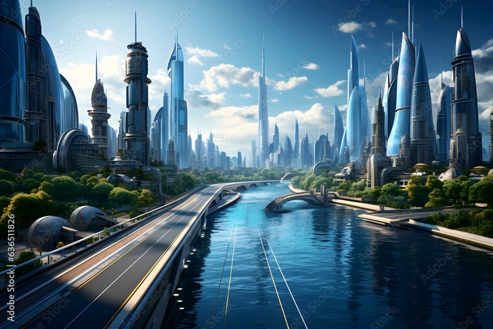 Obraz premium Modern city skyline with skyscrapers at night