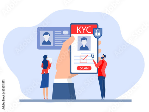 KYC or know your customer with business verifying the identity of its client's concept at the partners-to-be through a magnifying glass  of business identification and  safety.