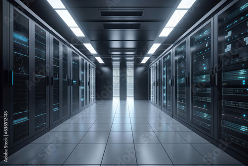 Modern data center with rows of server racks in a large room. high-tech infrastructure ensures reliable performance and fast data processing. Is AI Generative.