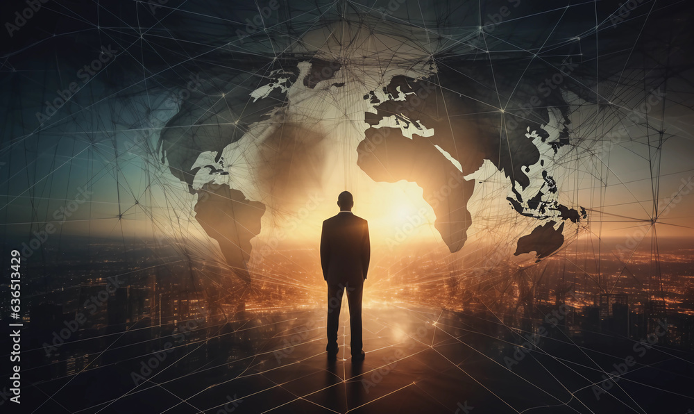 Dawn of Vision double exposure of Businessman Amid Sunrise Overlay with Global Map and Network Worldwide Business Network concept  - obrazy, fototapety, plakaty 
