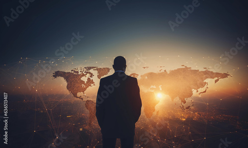 Dawn of Vision double exposure of Businessman Amid Sunrise Overlay with Global Map and Network Worldwide Business Network concept 