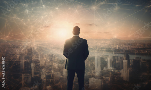 Dawn of Vision double exposure of Businessman Amid Sunrise Overlay with Global Map and Network Worldwide Business Network concept 