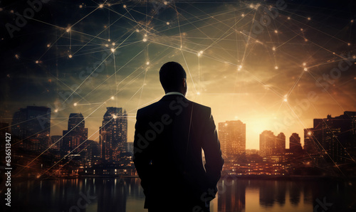 Dawn of Vision double exposure of Businessman Amid Sunrise Overlay with Global Map and Network Worldwide Business Network concept 