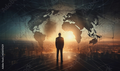 Dawn of Vision double exposure of Businessman Amid Sunrise Overlay with Global Map and Network Worldwide Business Network concept  photo