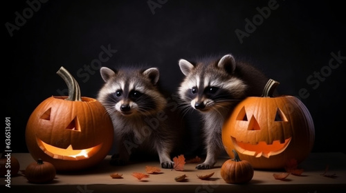 2 cute racoons standing next to halloween pumpkins