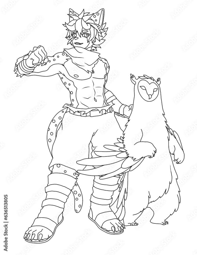 child and mongoose Black and white line art design of imaginary characters for t-shirt or coloring book or mug or shirt cloths as fantasy animals like tattoo 
