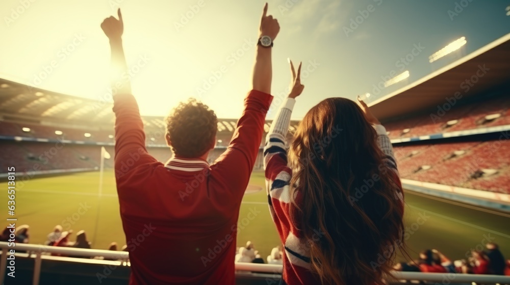 sweet couple cheer their football team at football stadium. - obrazy, fototapety, plakaty 