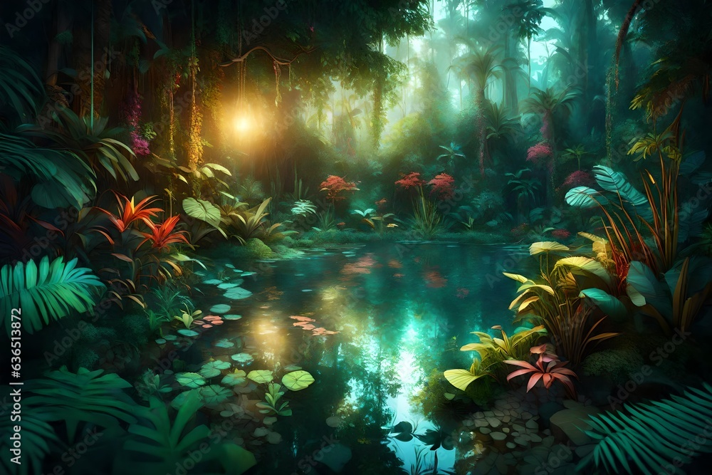 Colourful tropical jungle with fresh plants, flowers and leaves. Beautiful glowing forest, Illustration. 3d rendering
